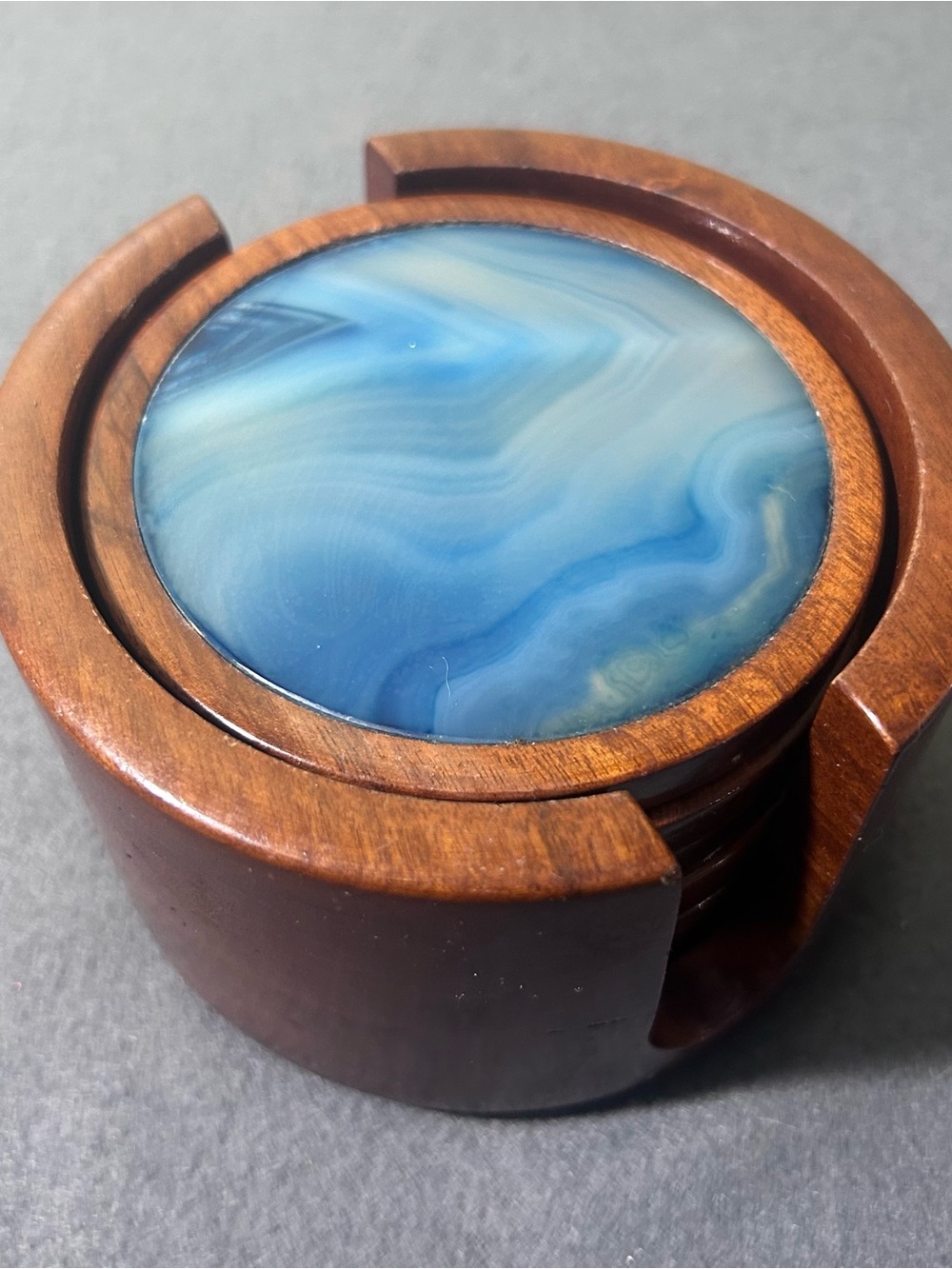 Vintage Brazil Wood and Blue Agate Coaster Set of 6 with Holder